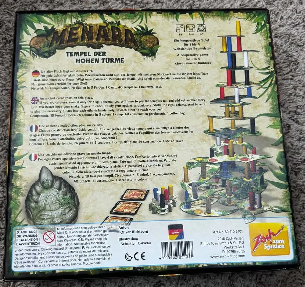 Menara Board Game Cooperative Dexterity Temple Stacking  Zoch Verlag. COMPLETE
